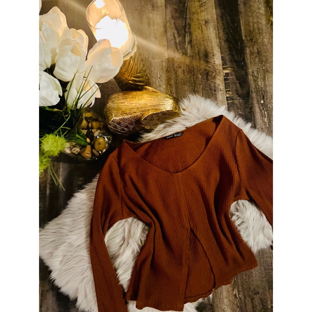 Brown low cut long sleeve top with slit at the bottom